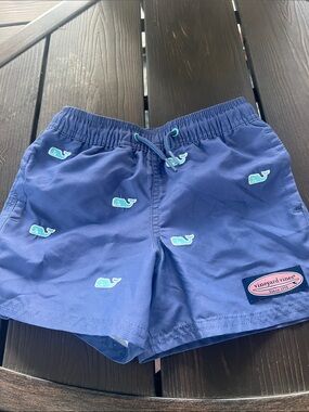 Vineyard Vines Navy Swim Shorts with Light Blue Whale Embroidery